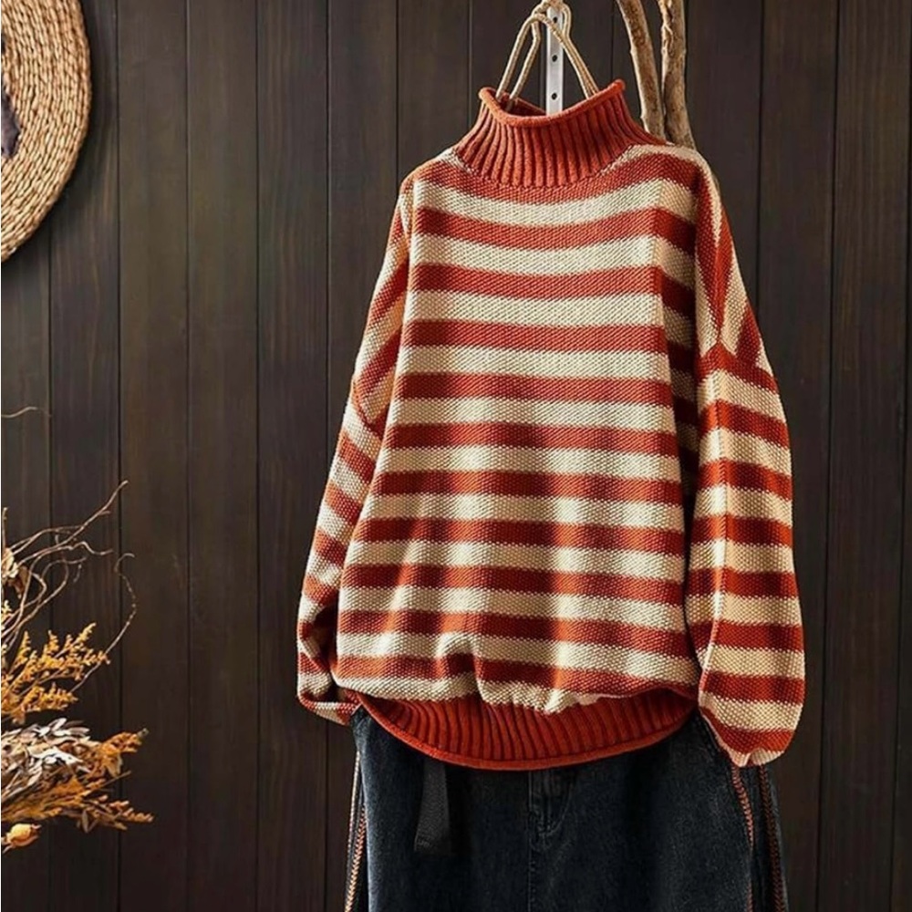 Orange and Cream Striped Knit Turtleneck Sweater